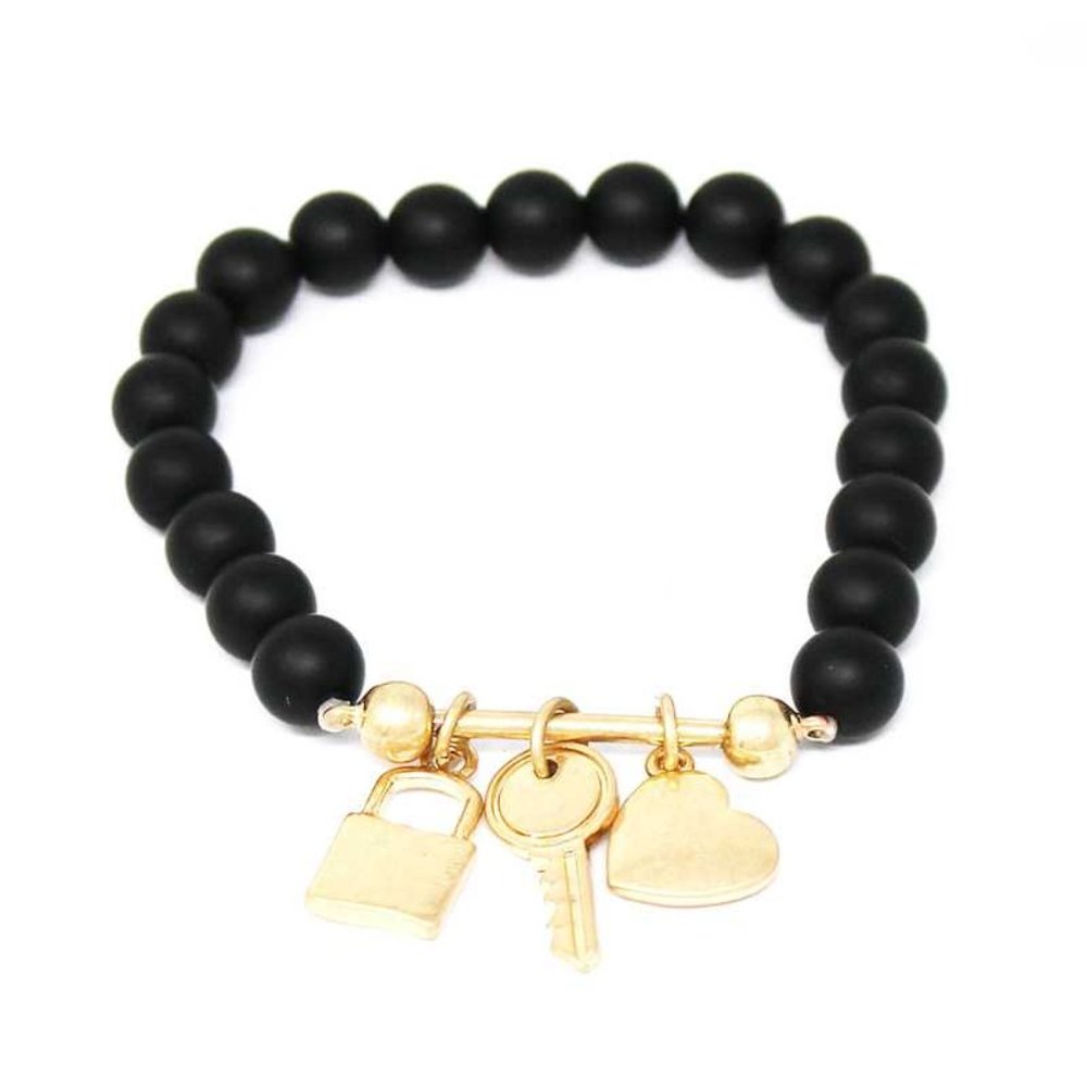 Key Charm Black Beaded Stretch Bracelet